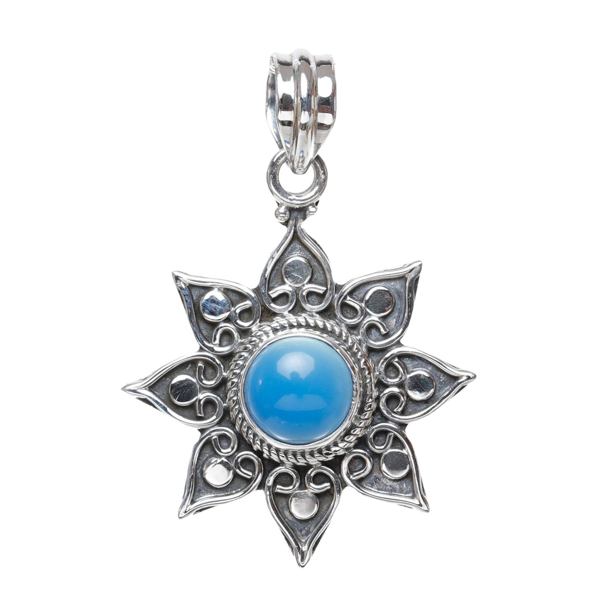 Sterling Silver Pendant With Flower Round Cut Gemstone : JUZ55--bluechalcedony