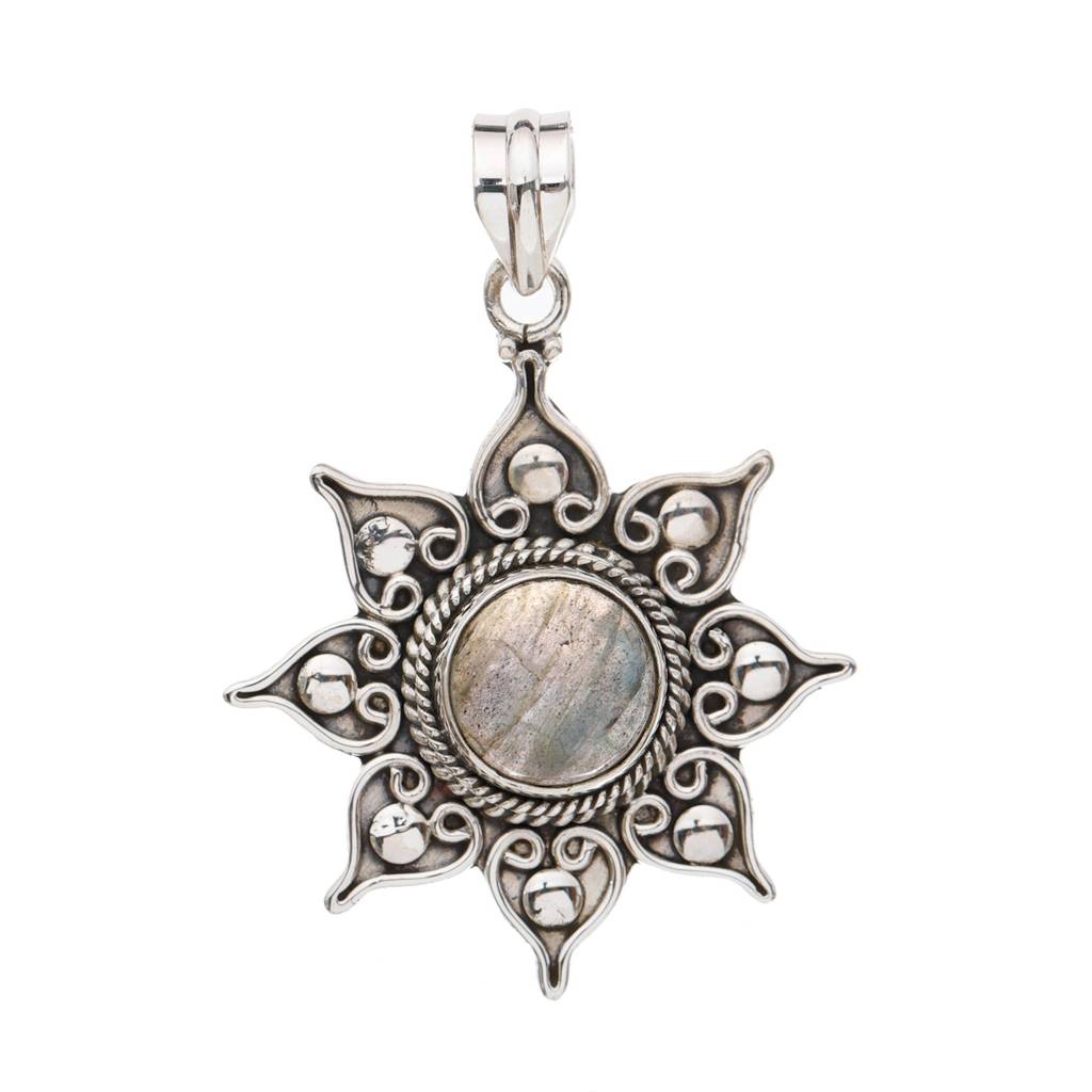 Sterling Silver Pendant With Flower Round Cut Gemstone : JUZ55--labradorite