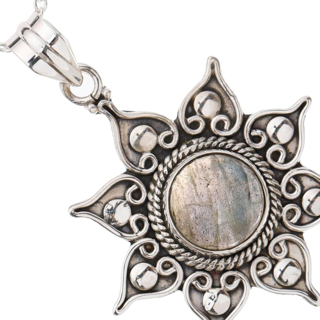 Sterling Silver Pendant With Flower Round Cut Gemstone : JUZ55--labradorite