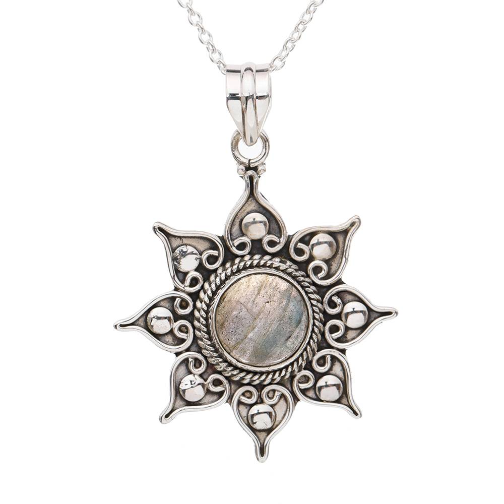 Sterling Silver Pendant With Flower Round Cut Gemstone : JUZ55--labradorite