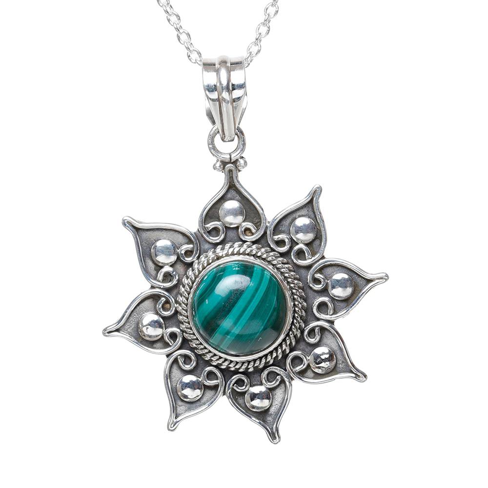 Sterling Silver Pendant With Flower Round Cut Gemstone : JUZ55--malachite