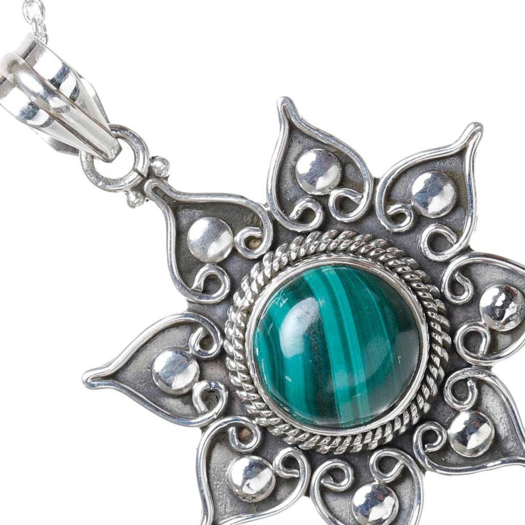 Sterling Silver Pendant With Flower Round Cut Gemstone : JUZ55--malachite
