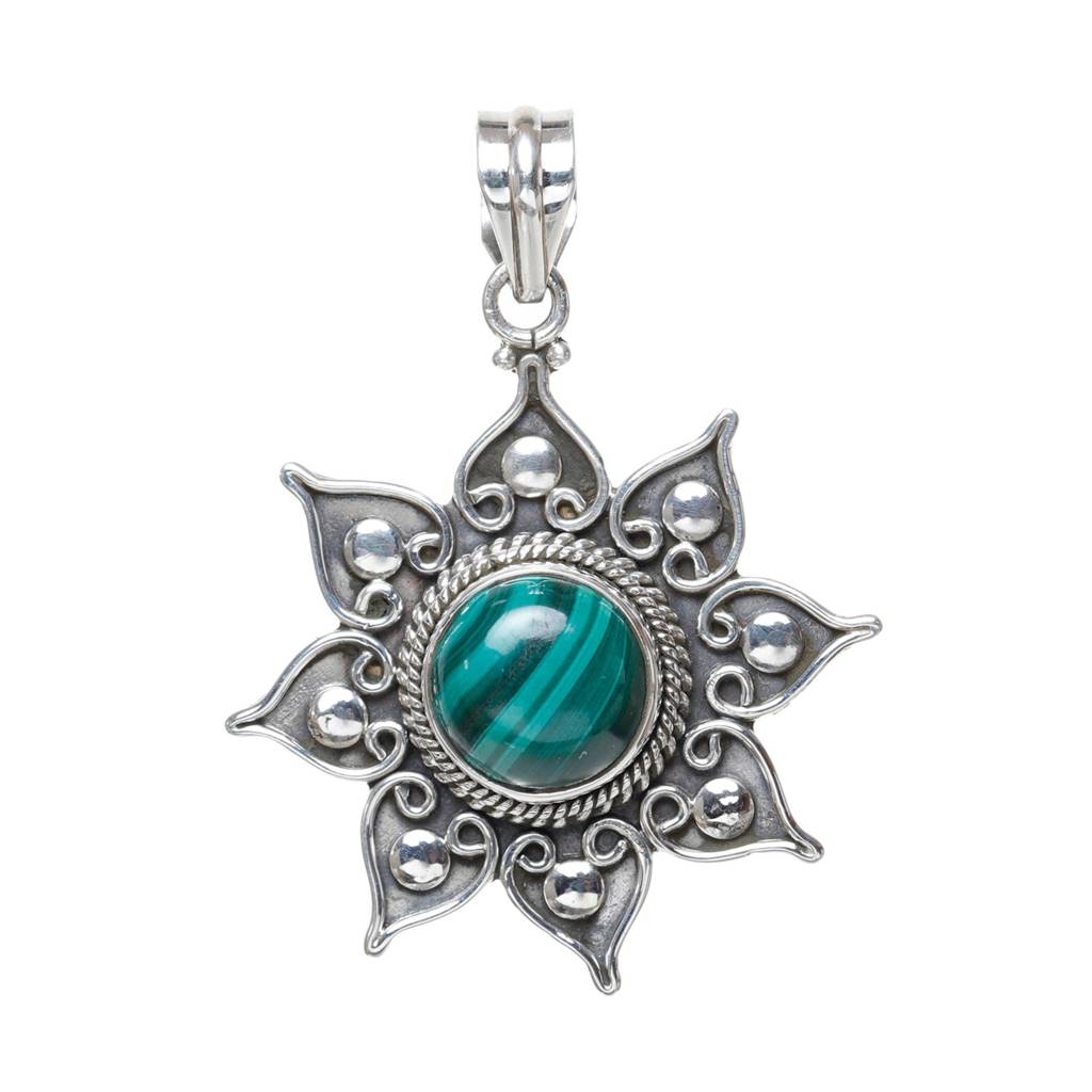 Sterling Silver Pendant With Flower Round Cut Gemstone : JUZ55--malachite
