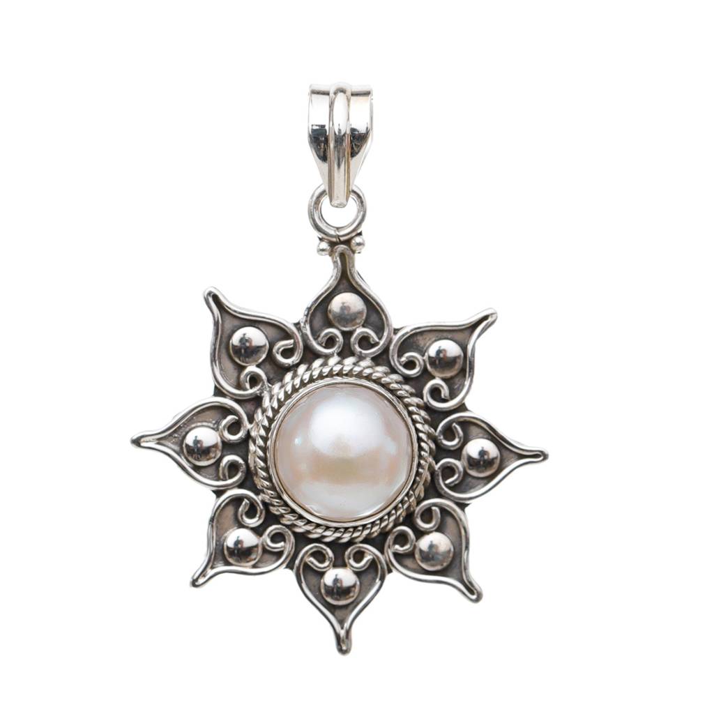 Sterling Silver Pendant With Flower Round Cut Gemstone : JUZ55--pearl