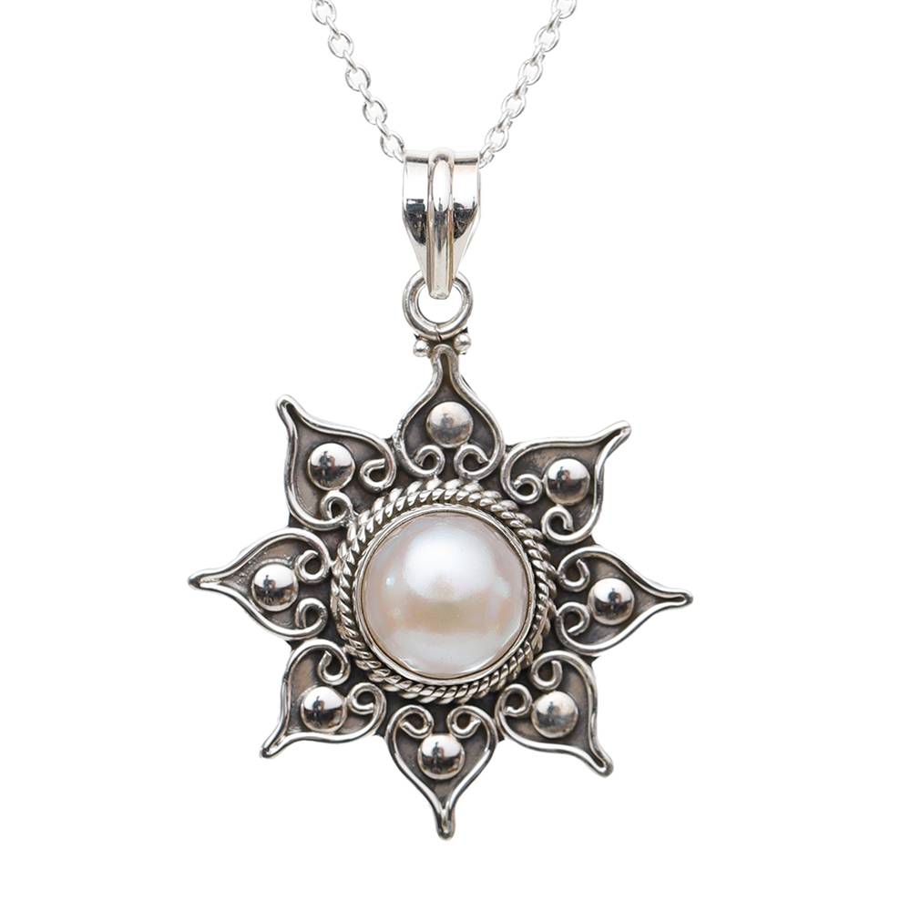 Sterling Silver Pendant With Flower Round Cut Gemstone : JUZ55--pearl