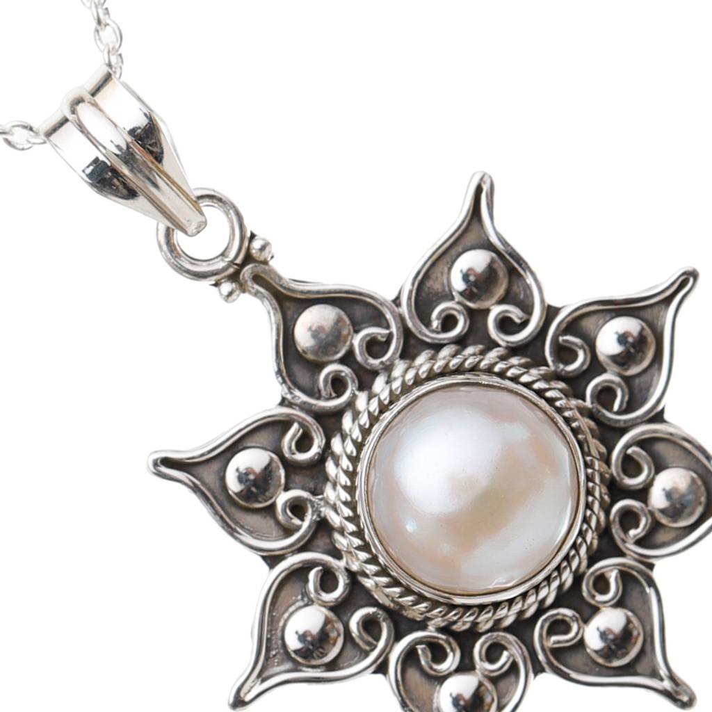 Sterling Silver Pendant With Flower Round Cut Gemstone : JUZ55--pearl