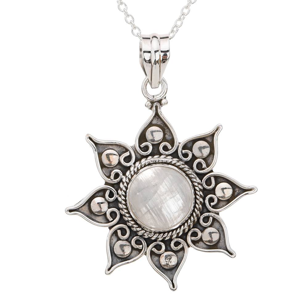 Sterling Silver Pendant With Flower Round Cut Gemstone : JUZ55--rainbowmoonstone