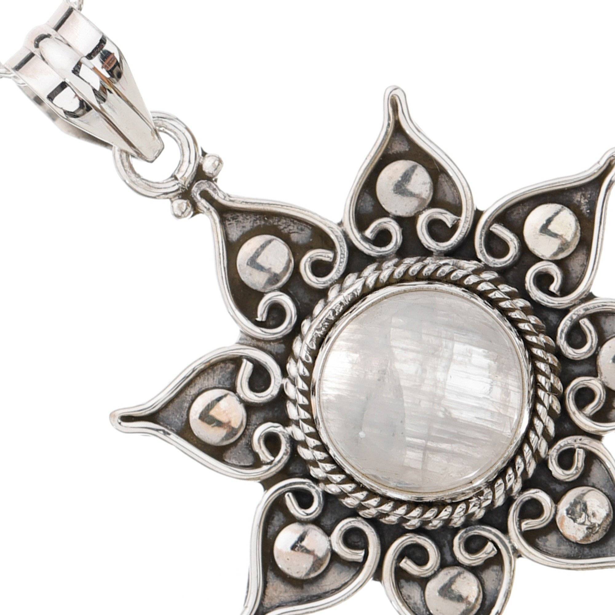 Sterling Silver Pendant With Flower Round Cut Gemstone : JUZ55--rainbowmoonstone