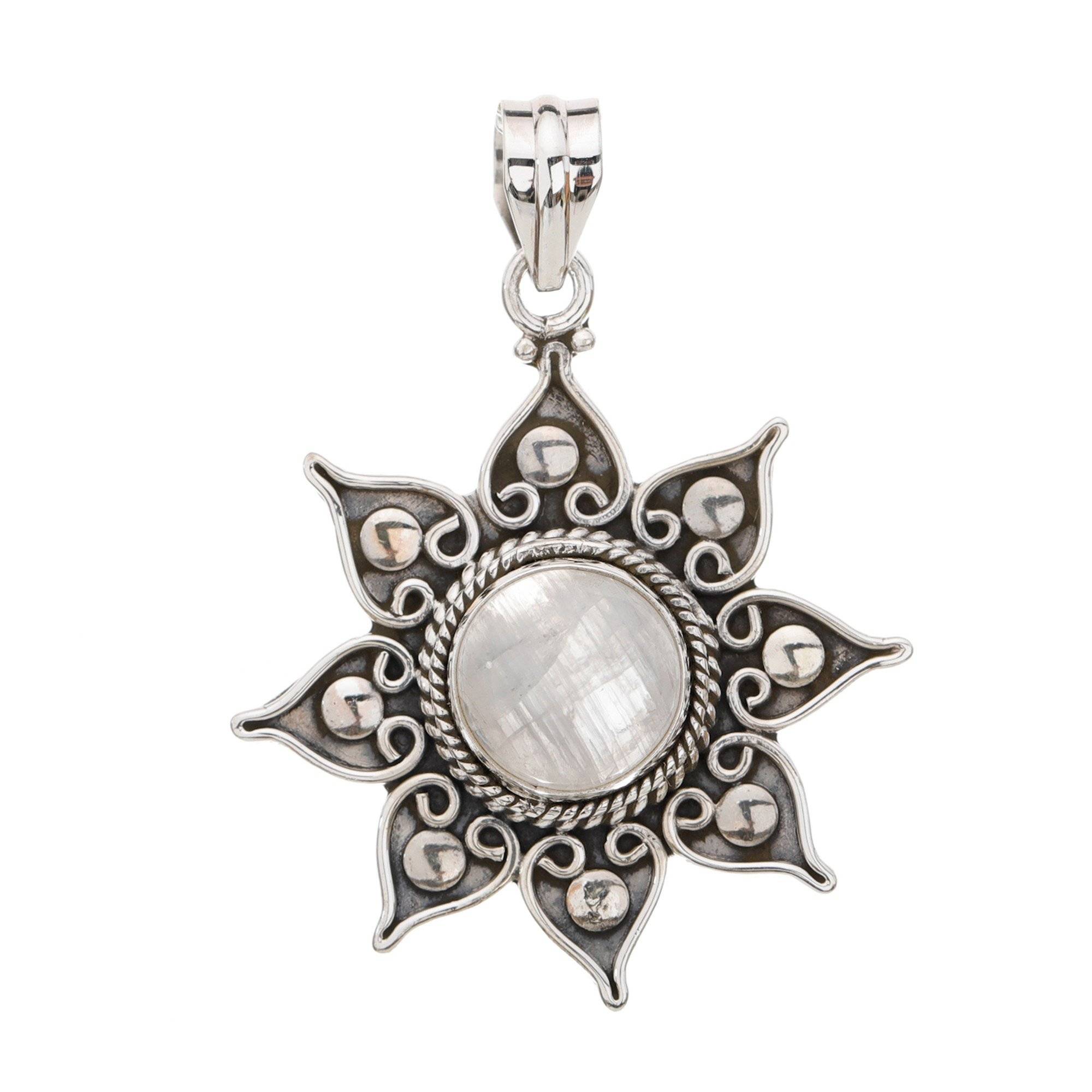 Sterling Silver Pendant With Flower Round Cut Gemstone : JUZ55--rainbowmoonstone