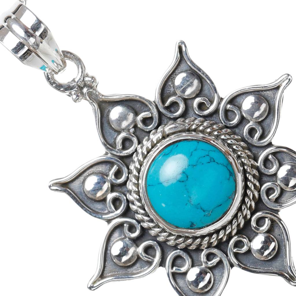 Sterling Silver Pendant With Flower Round Cut Gemstone : JUZ55--turquoise
