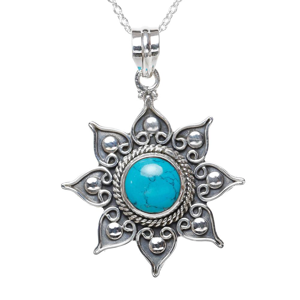 Sterling Silver Pendant With Flower Round Cut Gemstone : JUZ55--turquoise