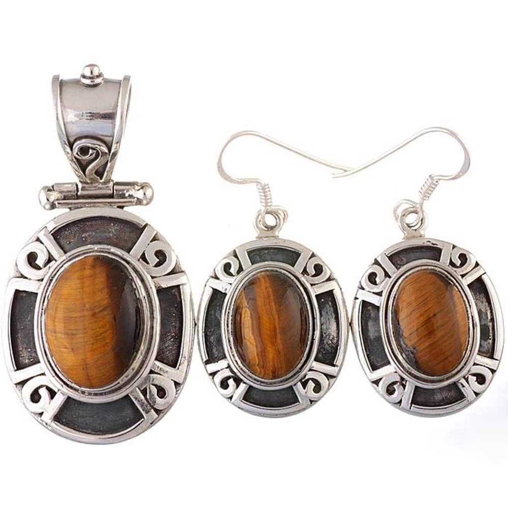 Sterling Silver Tiger Eye Pendant With Earrings Set : JVW72