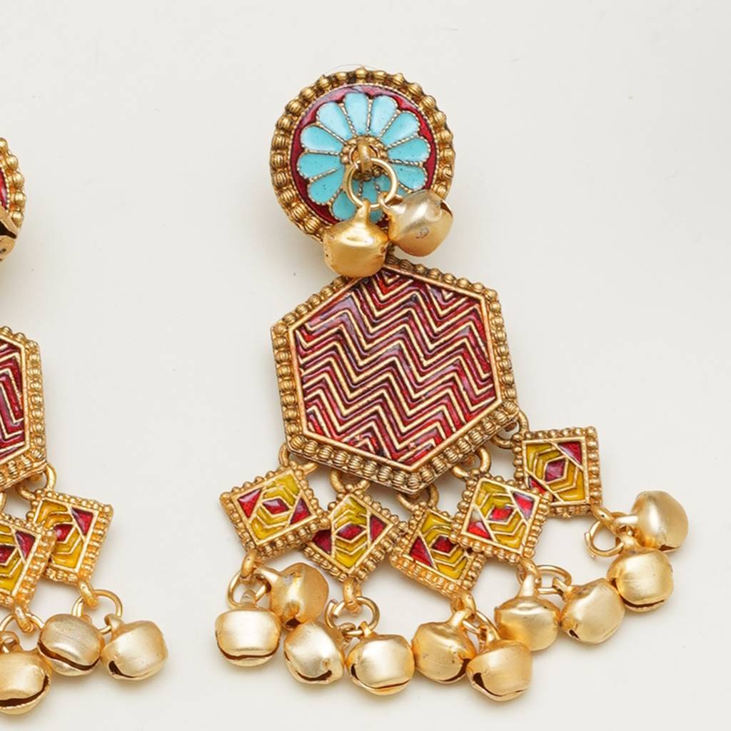 Gold-Toned Boho Hexagon Earrings With Red Enamel & Ghungroo : KCE006