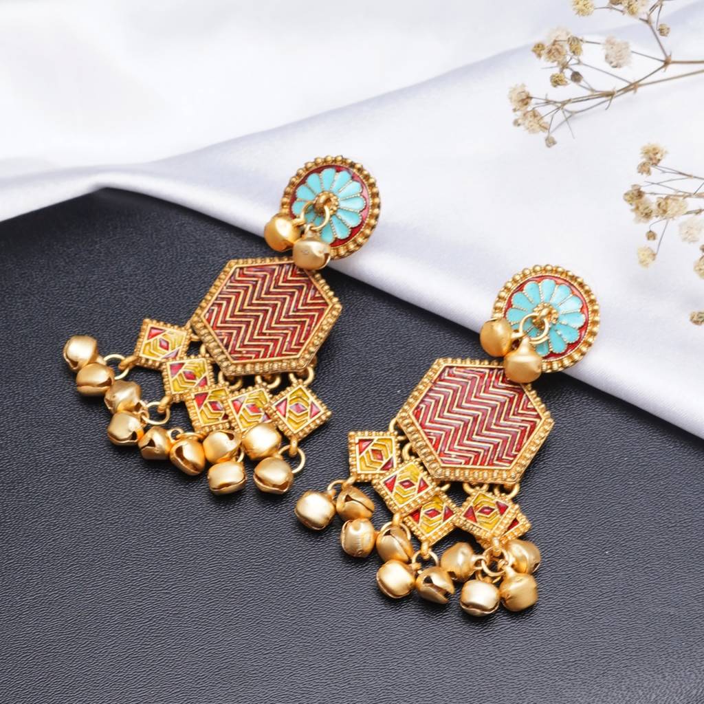 Gold-Toned Boho Hexagon Earrings With Red Enamel & Ghungroo : KCE006