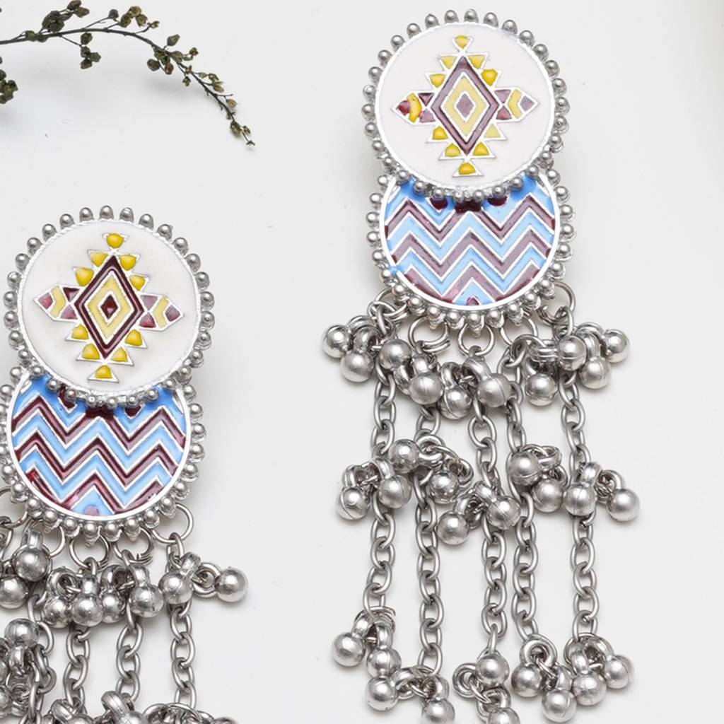 Bohemian Enamel Oval Dangler Earrings With Silver Bead Chains : KCE007