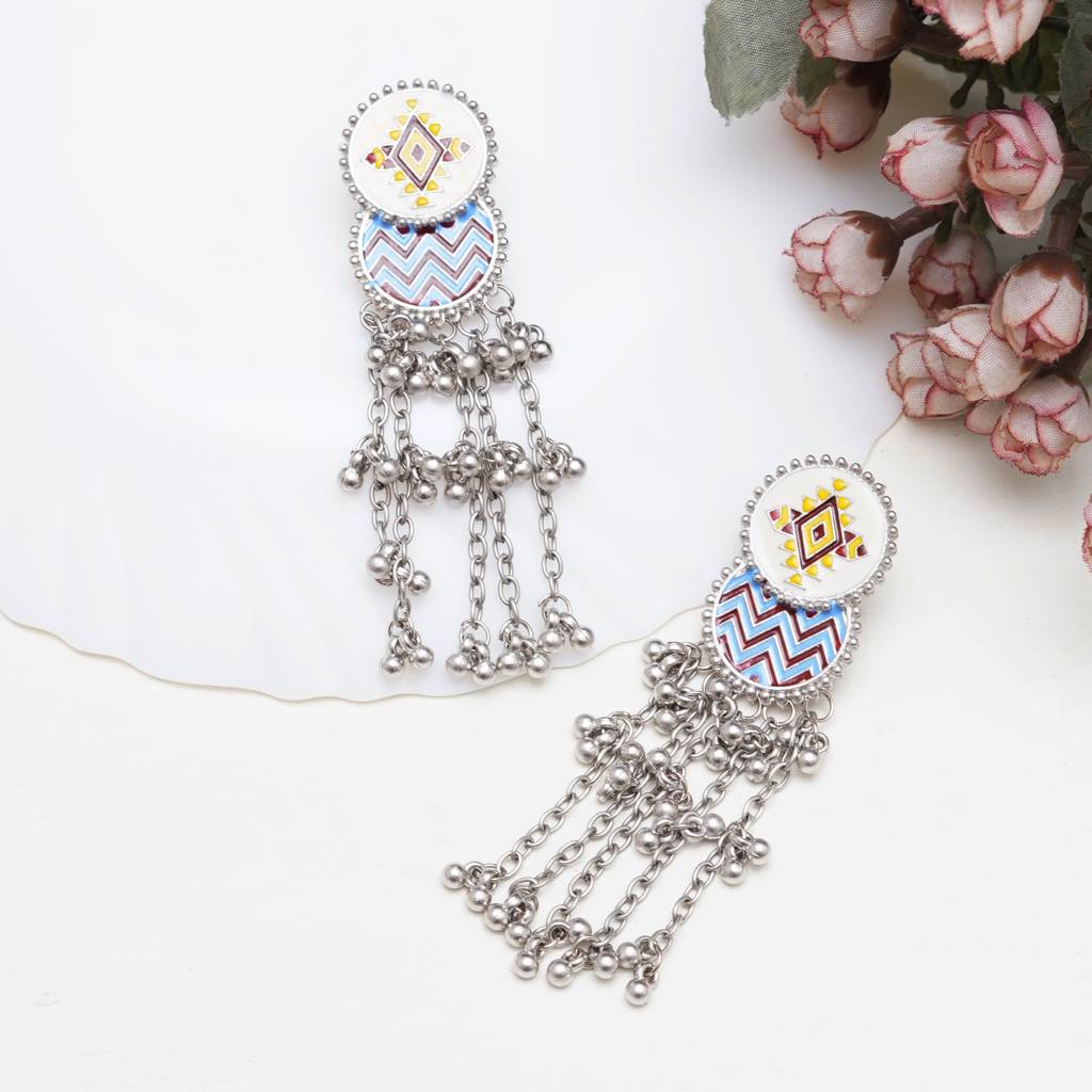 Bohemian Enamel Oval Dangler Earrings With Silver Bead Chains : KCE007