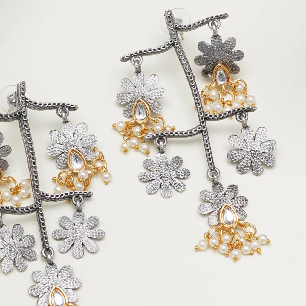 Oxidised Multi-Layered Flower Earrings With Kundan Teardrop & Pearls : KCE011