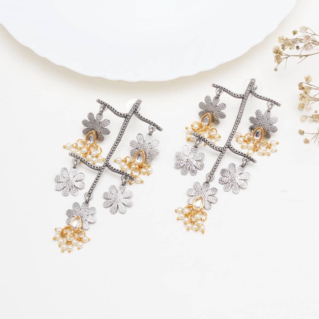 Oxidised Multi-Layered Flower Earrings With Kundan Teardrop & Pearls : KCE011