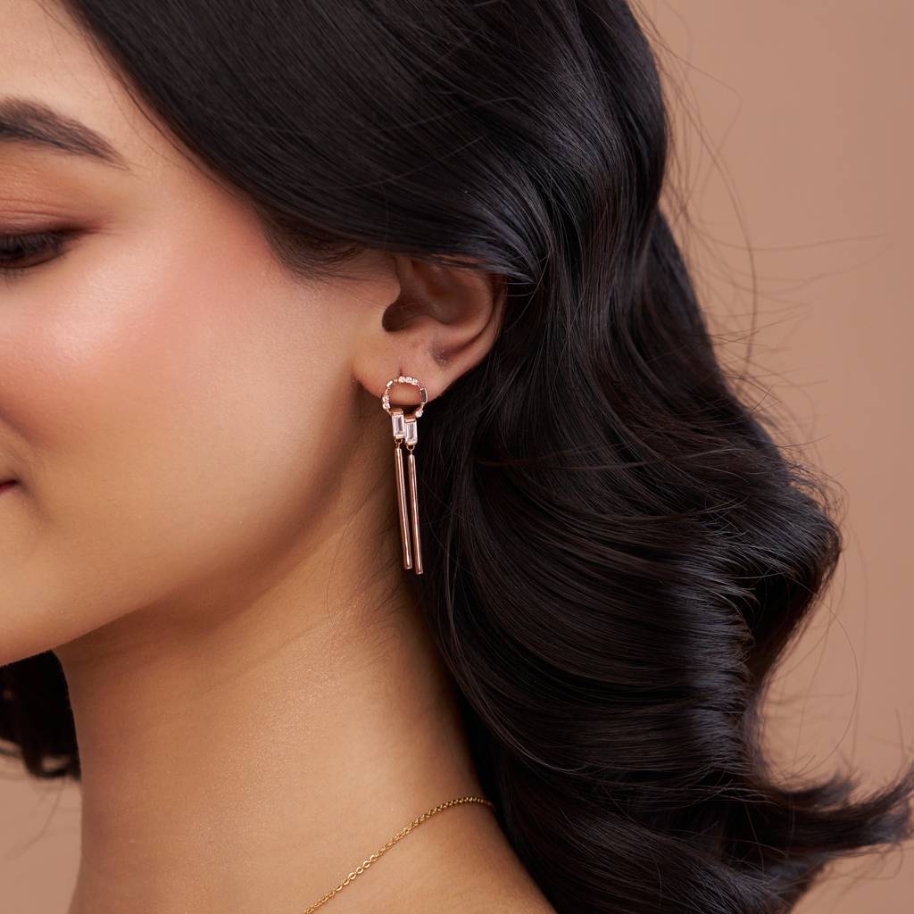 Link Baguette Drop Hoop Earring : KED0010-Silver