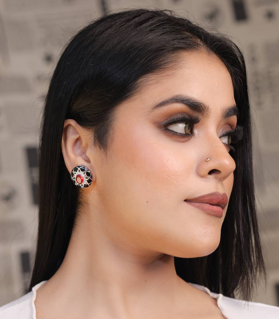 Black Enamel Earrings With Ruby Coloured Stone : KER512