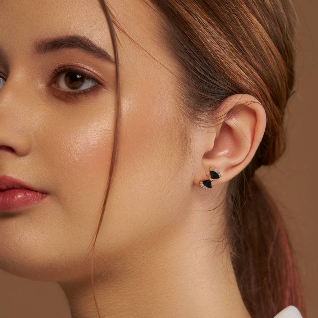 Black Enamel Bow Earring : KES0012-RoseGold