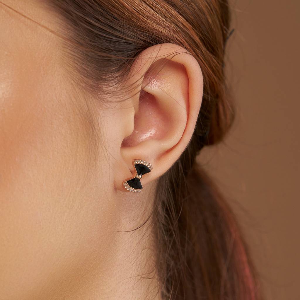 Black Enamel Bow Earring : KES0012-Silver