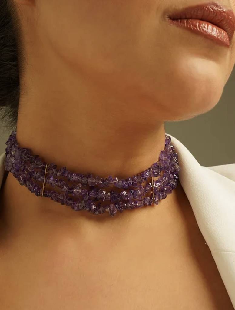 Natural Amethyst Semi Precious Gemstone Choker Necklace : KJ-CC-003