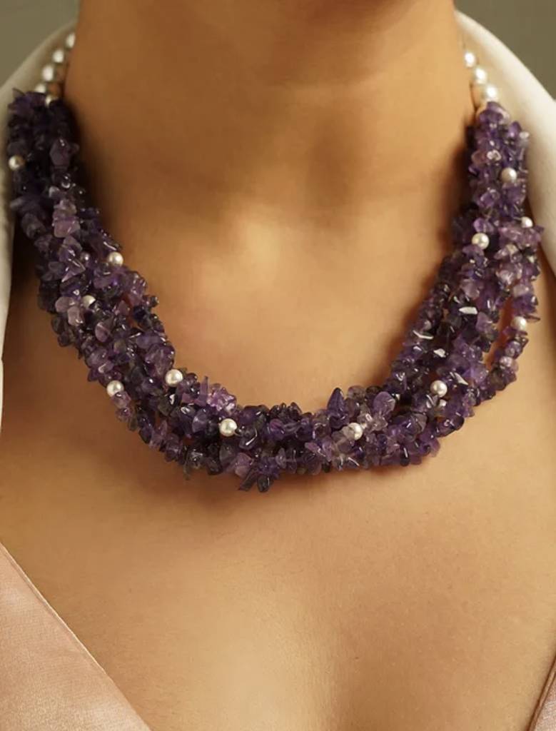 Natural Amethyst Semi Precious Gemstone And Pearl Necklace For Women : KJ-CC-005