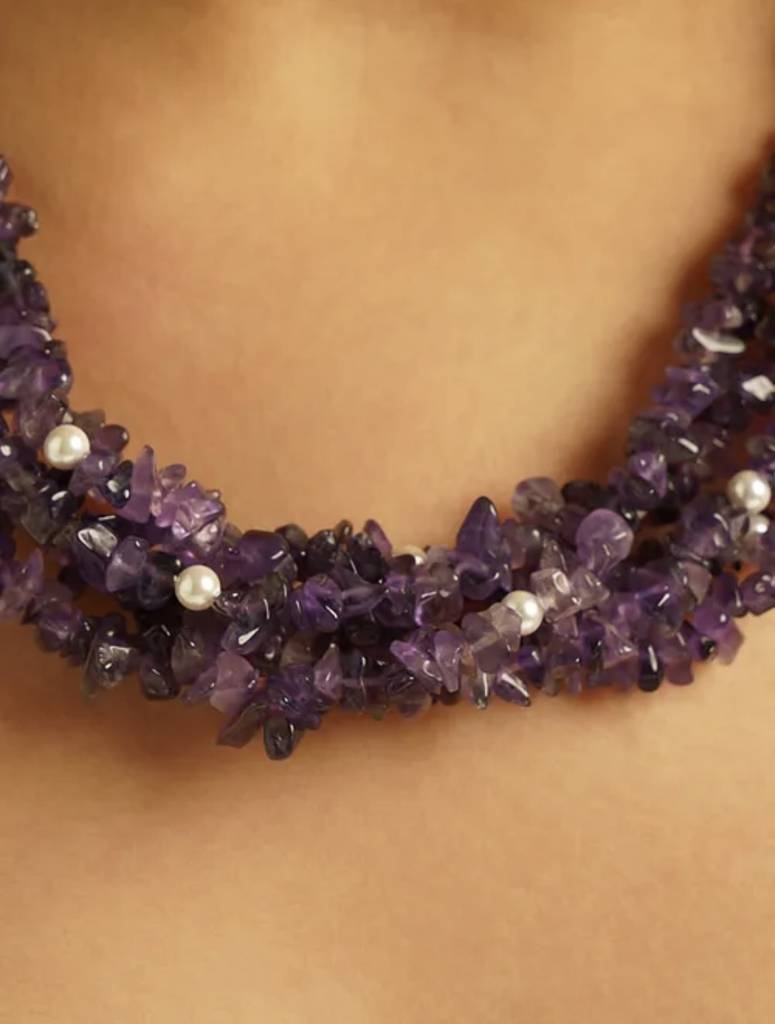 Natural Amethyst Semi Precious Gemstone And Pearl Necklace For Women : KJ-CC-005