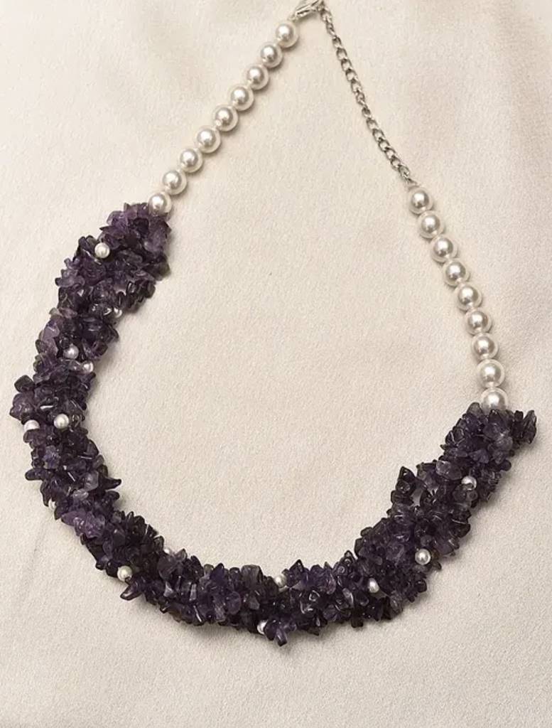 Natural Amethyst Semi Precious Gemstone And Pearl Necklace For Women : KJ-CC-005