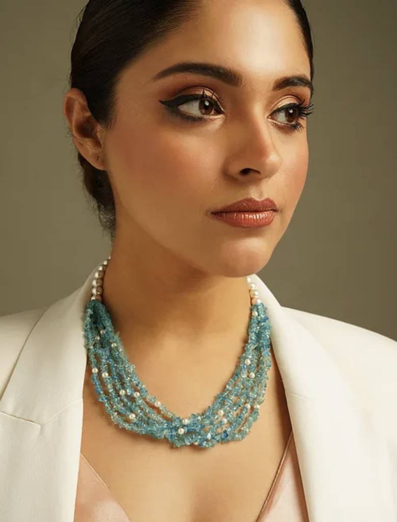Natural Apatite Semi Precious Gemstone And Pearl Necklace For Women : KJ-CC-006