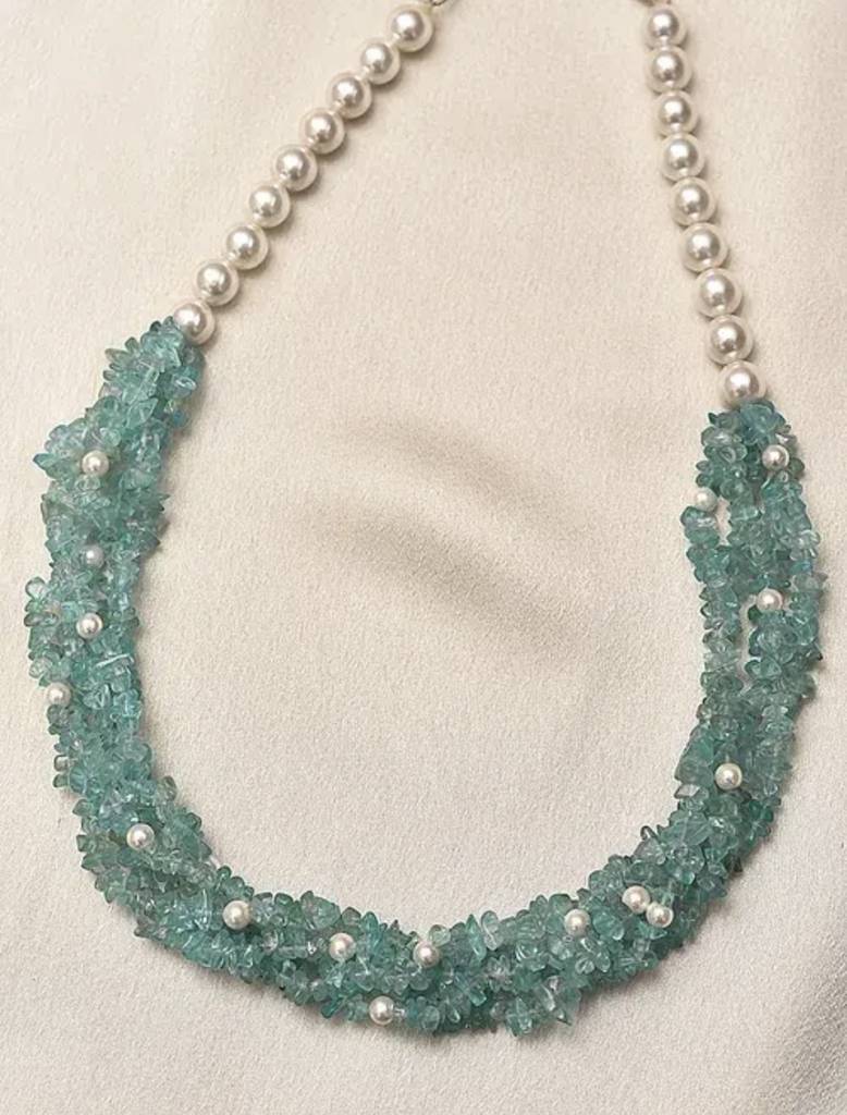 Natural Apatite Semi Precious Gemstone And Pearl Necklace For Women : KJ-CC-006