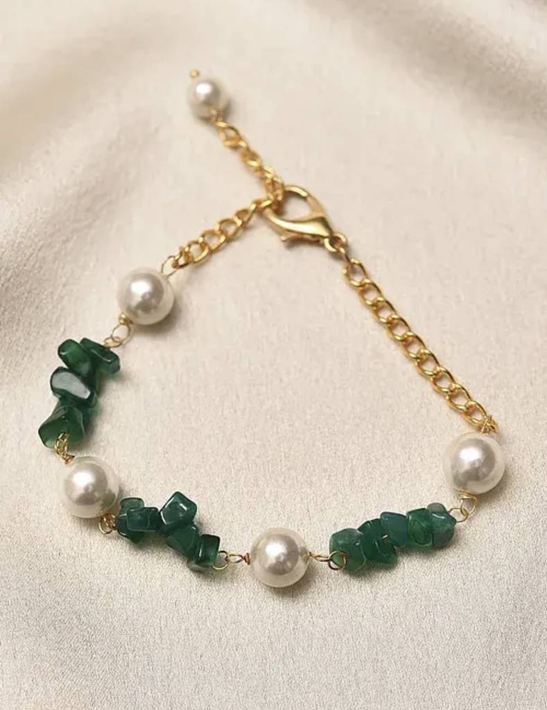 Green Onyx  Semi Precious Gemstone And Pearl Bracelet For Women : KJ-CC-008