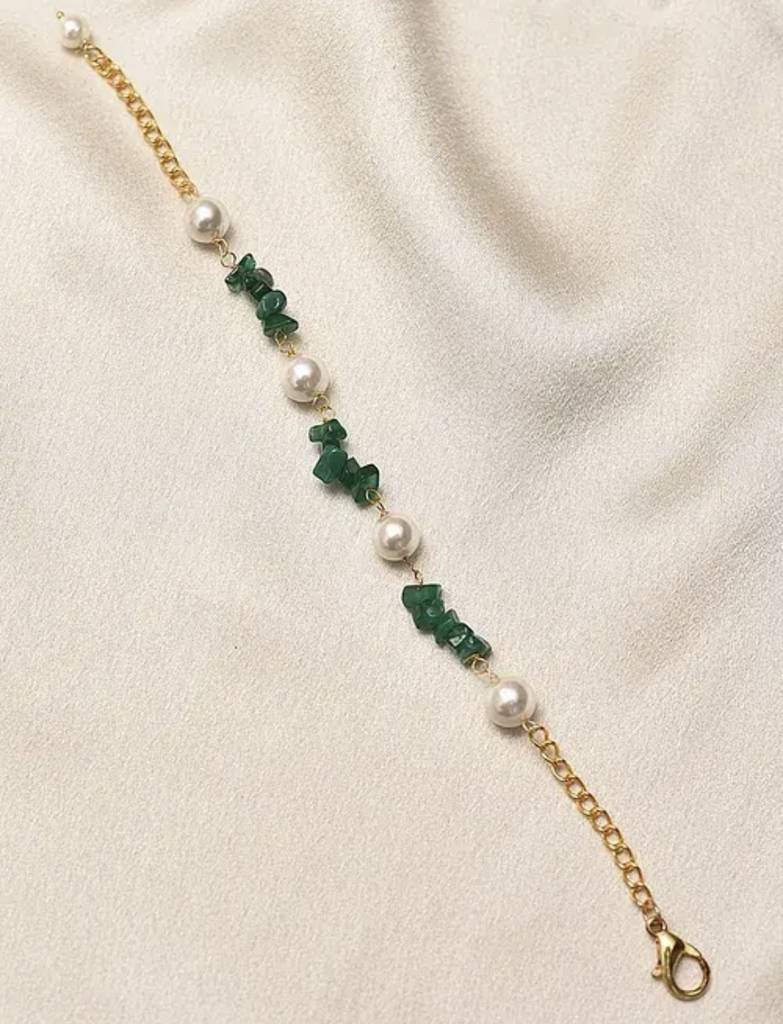 Green Onyx  Semi Precious Gemstone And Pearl Bracelet For Women : KJ-CC-008