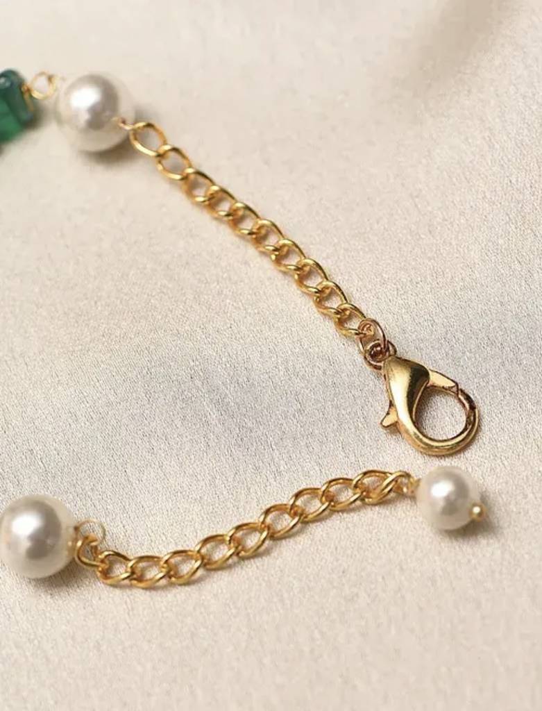 Green Onyx  Semi Precious Gemstone And Pearl Bracelet For Women : KJ-CC-008