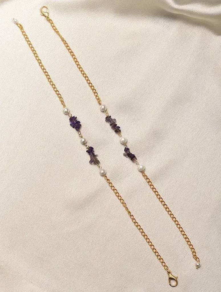 Natural Amethyst Semi Precious Gemstone And Pearl Anklets For Women : KJ-CC-013