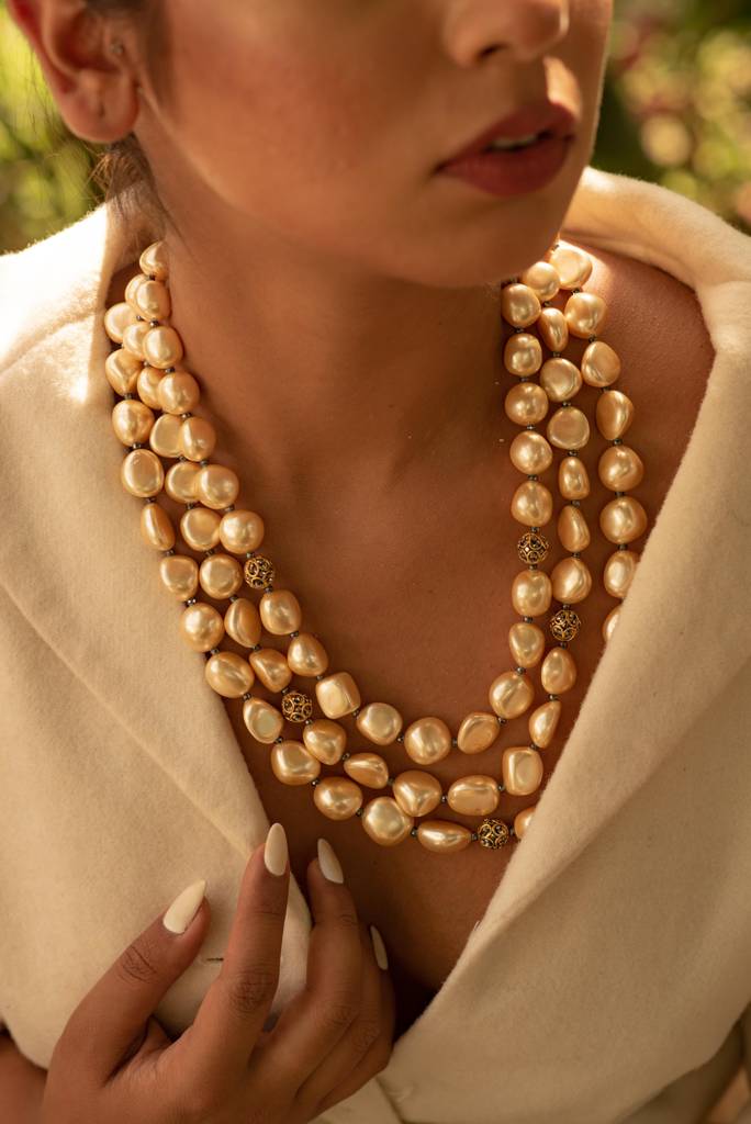 Golden Pearl Beaded Layered Necklace Set : KJ-KM014