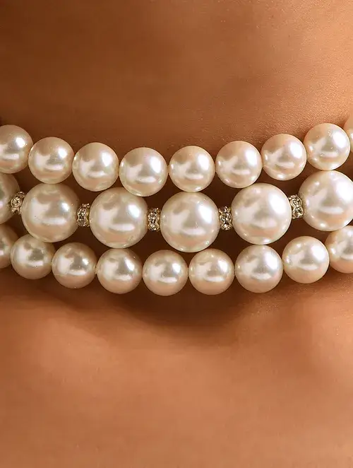 White Pearl Beaded Choker Necklace-Kj-Km028 : KJ-KM028
