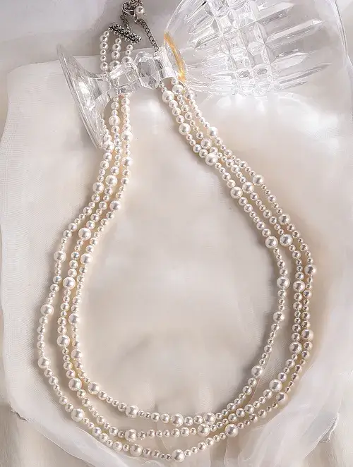 White Pearl Beaded Layered Necklace-Kj-Km036 : KJ-KM036