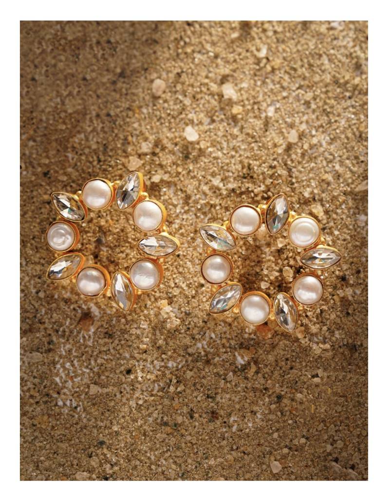 Baroque Fresh Water Pearl & American Diamond  Gold Plated Earrings In Brass-Kj-Pg-001 : KJ-PG-001