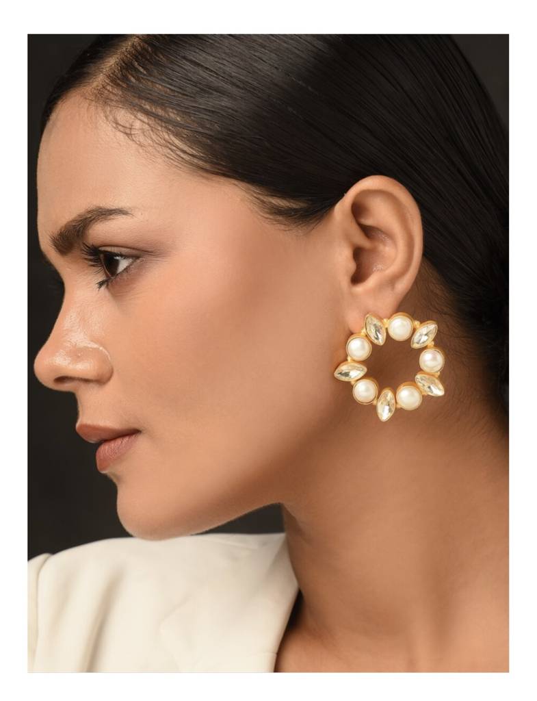 Baroque Fresh Water Pearl & American Diamond  Gold Plated Earrings In Brass-Kj-Pg-001 : KJ-PG-001