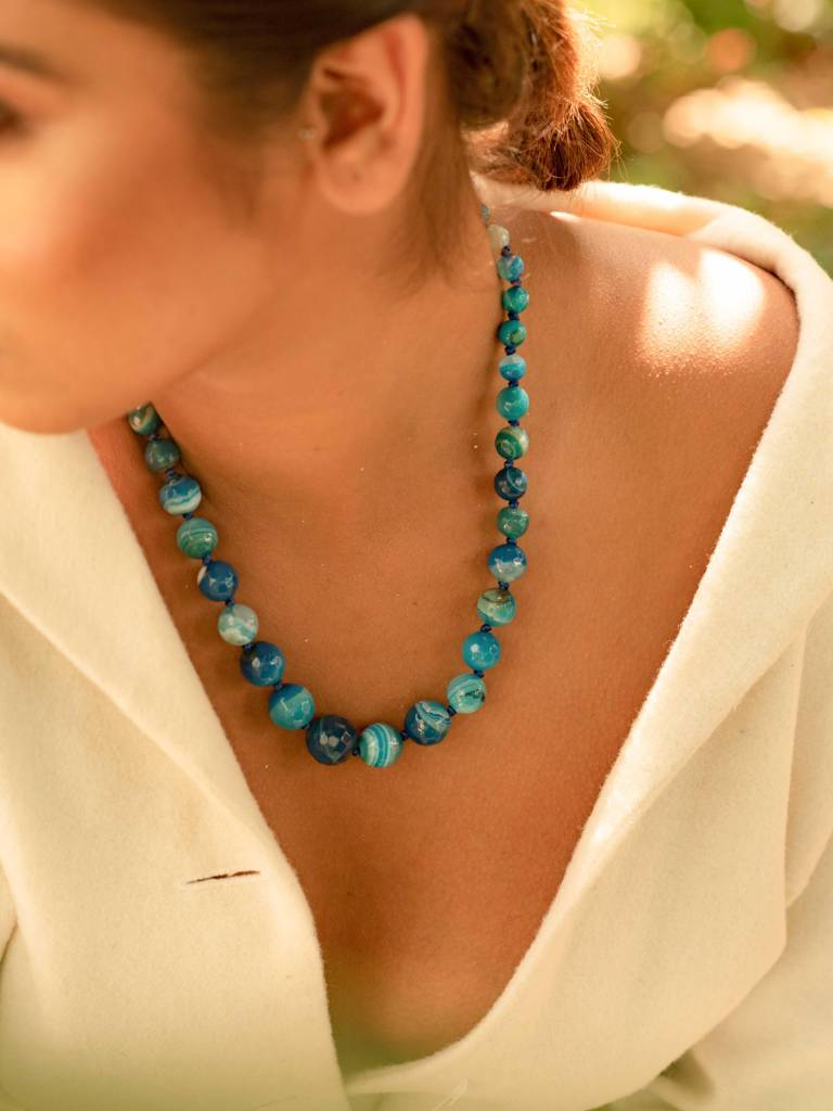 Beaded Agate Semi Precious Gemstone Necklace : KJ020AG-B