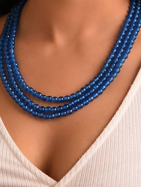 Beaded Blue Quartz Semi Precious Gemstone Necklace -Kj090 : KJ090