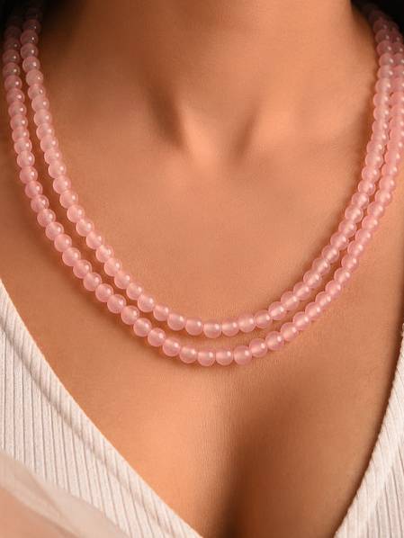 Rose Quartz Semi Precious Gemstone  Layered Necklace : KJ154