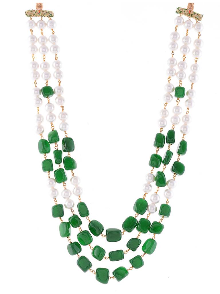 Beaded Green Layered Quartz Semi Precious Gemstone And Pearl Necklace -Kj241 : KJ241