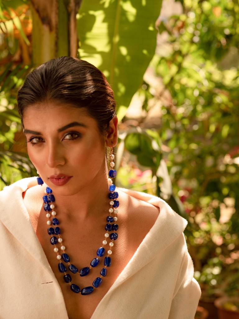 Beaded Blue Layered Quartz Semi Precious Gemstone And Pearl Necklace : KJ250