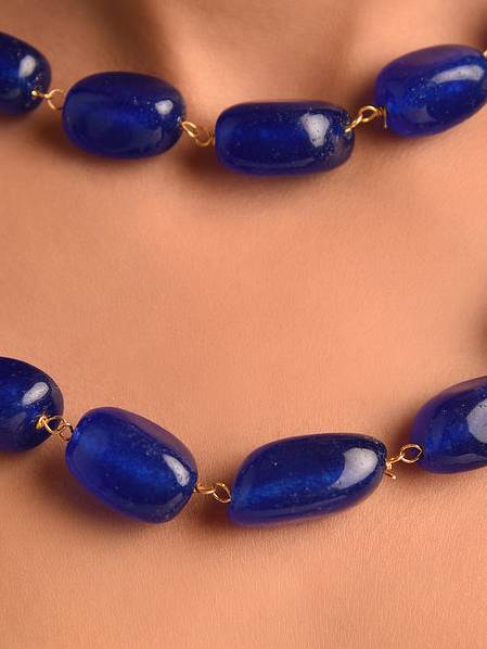 Beaded Blue Layered Quartz Semi Precious Gemstone And Pearl Necklace : KJ250
