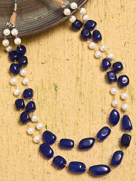 Beaded Blue Layered Quartz Semi Precious Gemstone And Pearl Necklace : KJ250