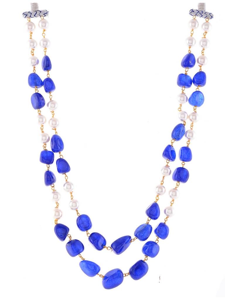 Beaded Blue Layered Quartz Semi Precious Gemstone And Pearl Necklace : KJ250