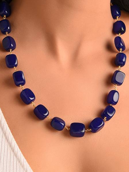 Beaded Blue Quartz  Semi Precious Gemstone Necklace : KJ392